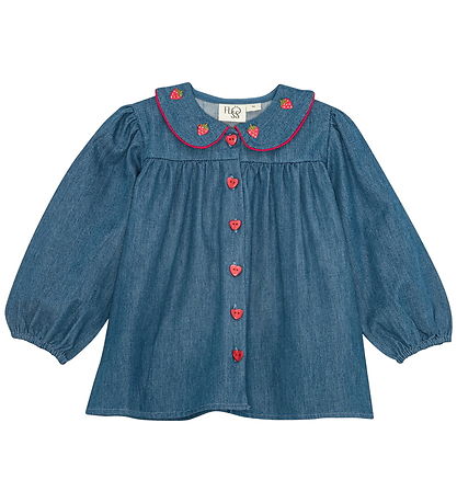 Flöss Blússa - Vilma - Gallaefni - Mid Blue Strawberry