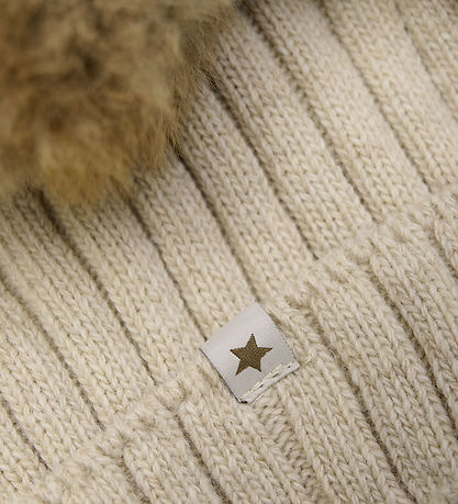 Huttelihut Beanie - Wool/Cotton - Knitted - Sand Melange w. Pom-