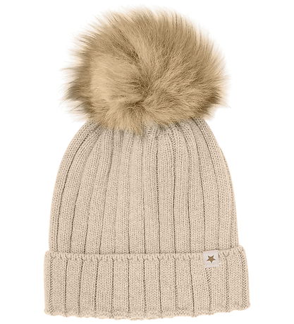 Huttelihut Beanie - Wool/Cotton - Knitted - Sand Melange w. Pom-
