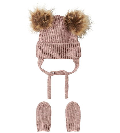 Name It Set - Beanie/Mittens - Knitted - NbnMora - Woodrose