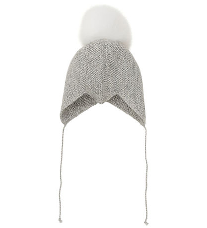 Huttelihut Babyhjälm m. Pom-Pom - Alpackaull - Stickad - Gråmele