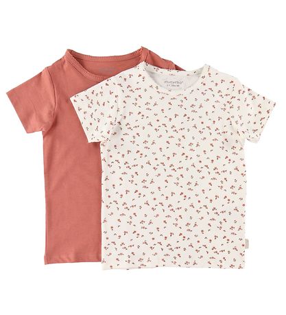 Minymo T-Shirt - 2er-Pack - Canyon Rose/Weiß m. Blumen