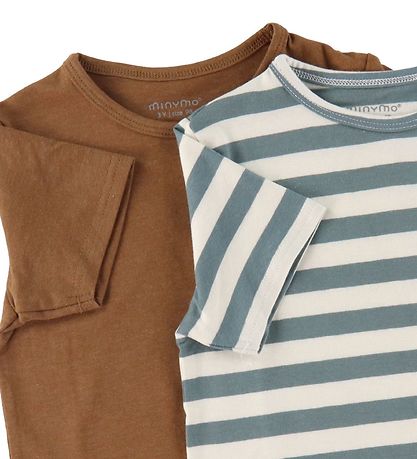 Minymo T-shirt - 2-Pack - White/Green Striped/Toffee