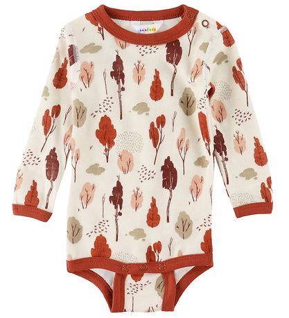 Joha Bodysuit l/s - Wool/Bamboo - White/Red w. Trees