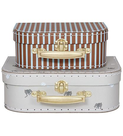 OYOY Cardboard Suitcase - 2 pcs - Elephant & Stripes - Pale Blue