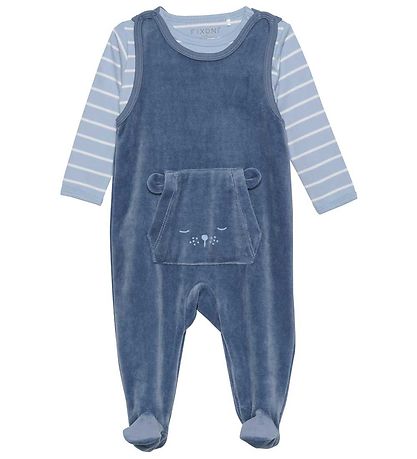 Fixoni Strampler m. Body l/ä - Velours - Blue Fusion
