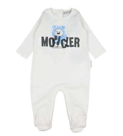 Moncler Set - Jumpsuit/Teething Bib/Beanie - Off White w. Blue