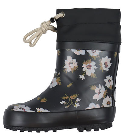 Wheat Rubber Boots w. Lining - Print - Black Flowers