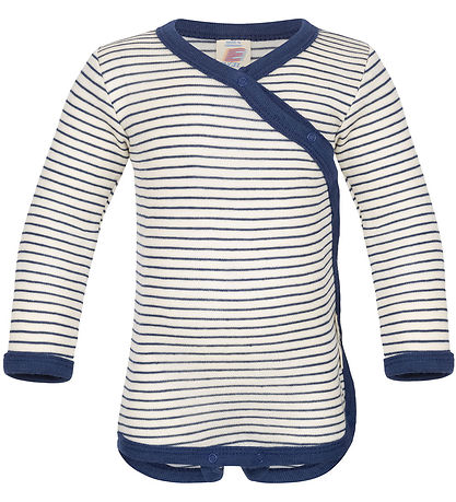 Engel Wikkelromper l/s - Wol/Zijde - Natural/Navy Blue