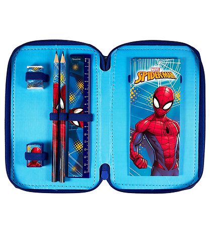 Spider-Man Pencil Case w. Contents - Twozip - Blue