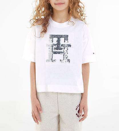 Tommy Hilfiger T-shirt - Monogram Sequins - White w. Sequins