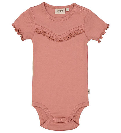 Wheat Bodysuit s/s - Rib - Old Rose w. Ruffle