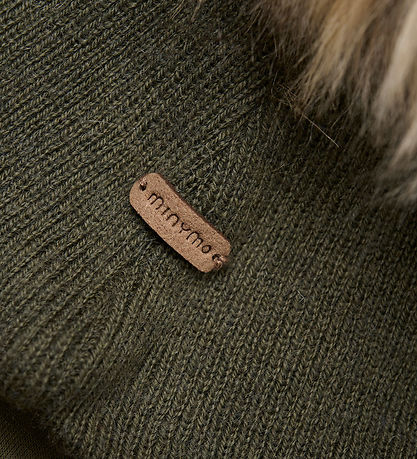 Minymo Beanie - Wool/Cotton - Olive Night w. Faux Fur