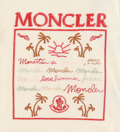 Moncler Stuttermabolur - Cream/Rautt M. Útsaumur