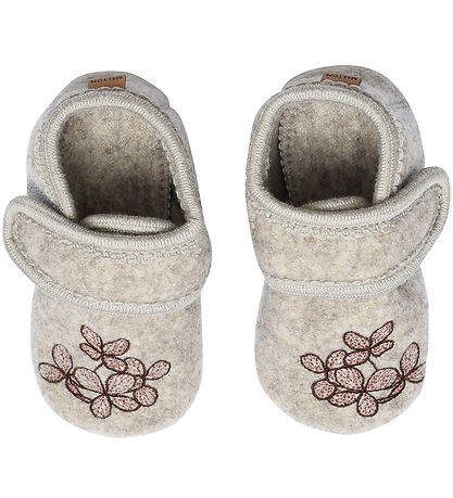 Melton Slippers - Wool - Beige Melange w. Hydrangea