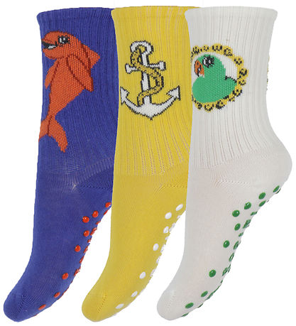Mini Rodini Socks - Anti Slip - 3-Pack - Dolphin - Blue/Yellow/W