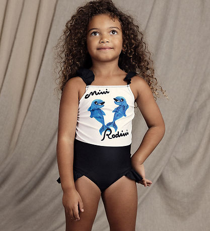 Mini Rodini Swimsuit - UV 50+ - Dolphins Frill - White/Black