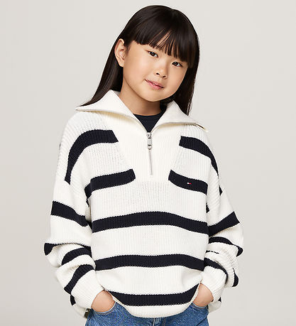 Tommy Hilfiger Blússa - Prjónað - Hálf rennilás - Blue Stripe