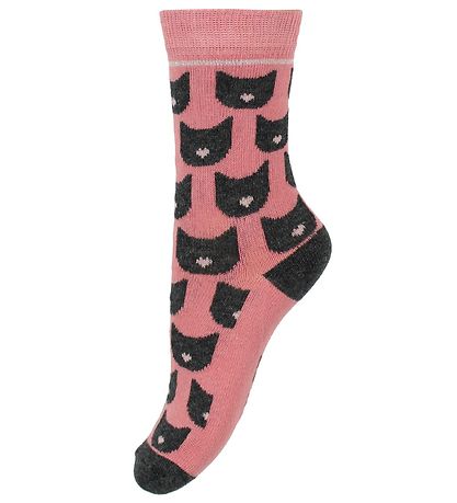 Melton Socken - 2er-Pack - Graumeliert/Pink m. Katze