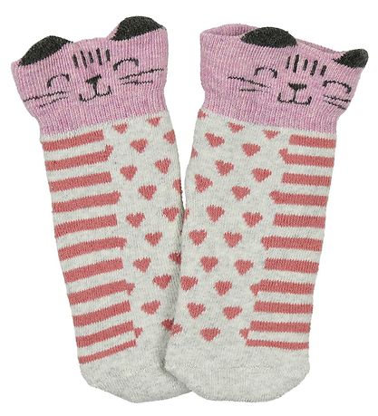 Melton Babysocken - 2er-Pack - Graumeliert/Pink m. Katzen/Sterne