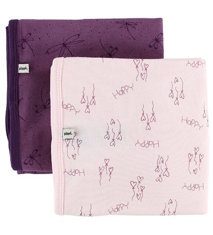 Pippi Teppi - 70x70 - 2 Pakki - Fjólublátt/Bleikt M. Hjörtu/fiðr