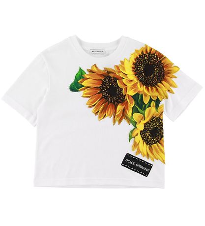 Dolce & Gabbana Stuttermabolur - Hvítt M. Sólblómaolía/Kristalla