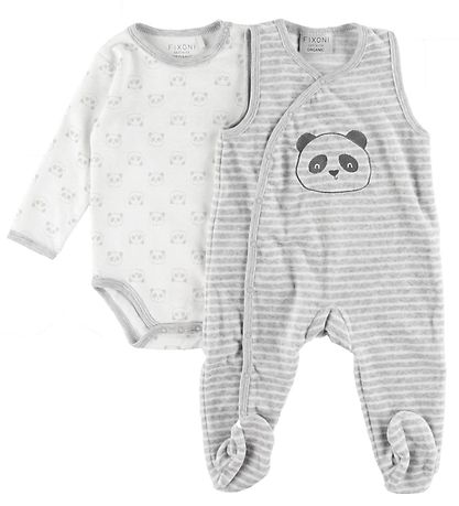 Fixoni Bodysuit/Romper - Grey Melange w. Panda/Stripes