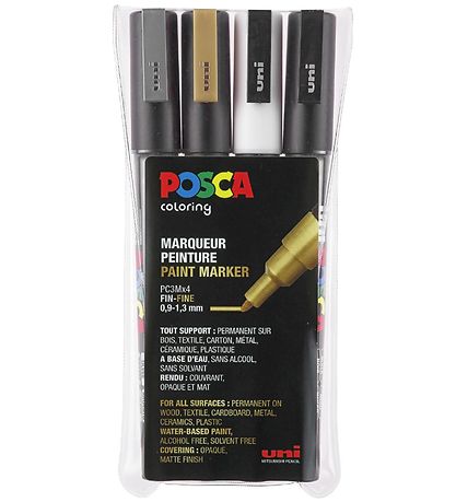 Posca Hrnmarkrer - PC-3M - 4 st. - Guld/Silver/Vit/Svart