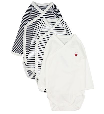 Petit Bateau Wickelbody L/æ - 3er-Pack - Blau/Weiß gestreift