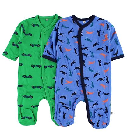Pippi Baby Strampler mit Fuß - 2er-Pack - Grün/Blau m. Print