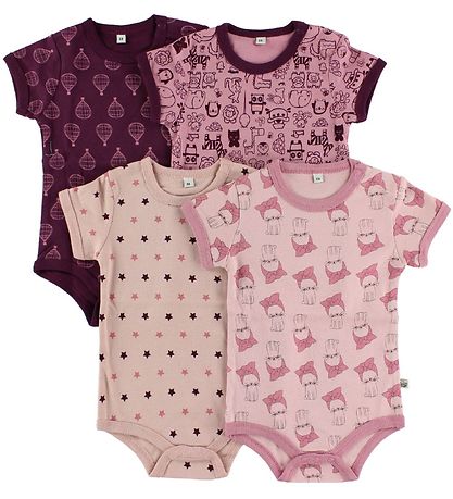 Pippi Baby Bodysuit - 4-Pack - S/S - Rose/Purple Pattern