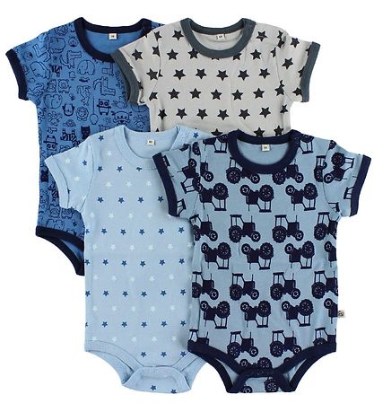 Pippi Baby Bodysuit - 4-Pack - S/S - Blue/Light Blue Pattern