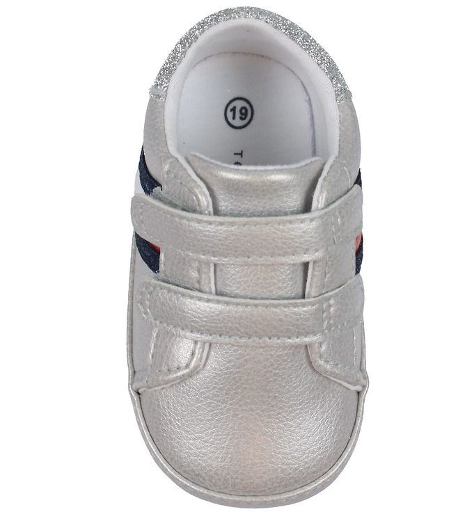 Tommy Soft Leather Shoes Stripes Velcro - Silver
