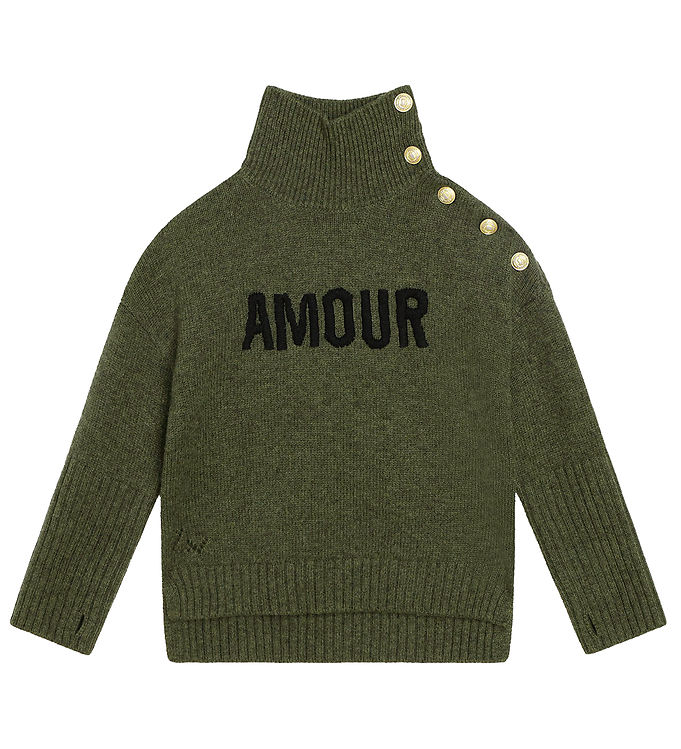 Zadig & Voltaire Tröja Ull Grönmelerad M. Text/knappar