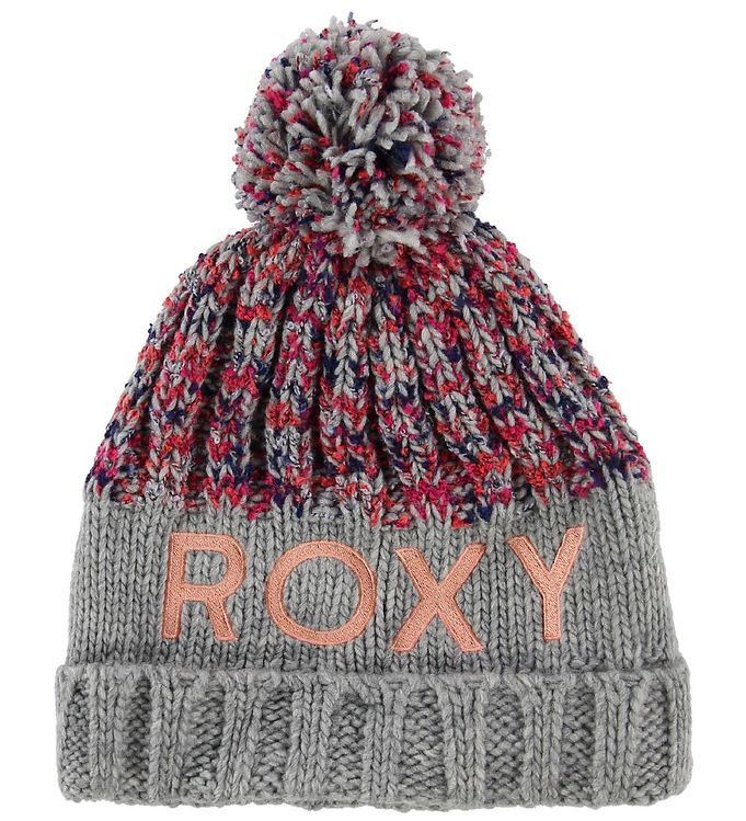Roxy Hat w. Pom-Pom - Knitted - Grey w. Logo » Fast Shipping