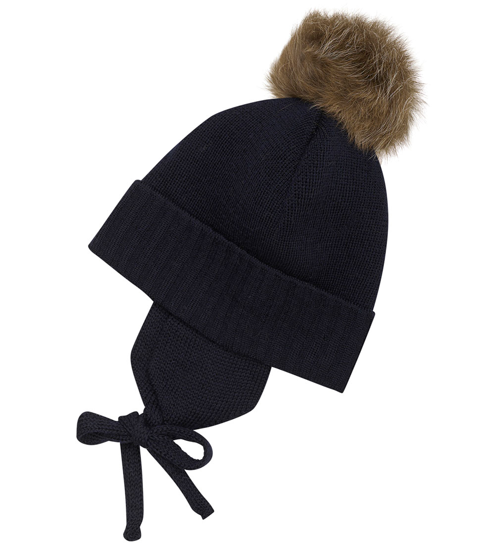 Huttelihut Beanie w. Earflaps - Knitted - Wool - Dark Navy w. Po