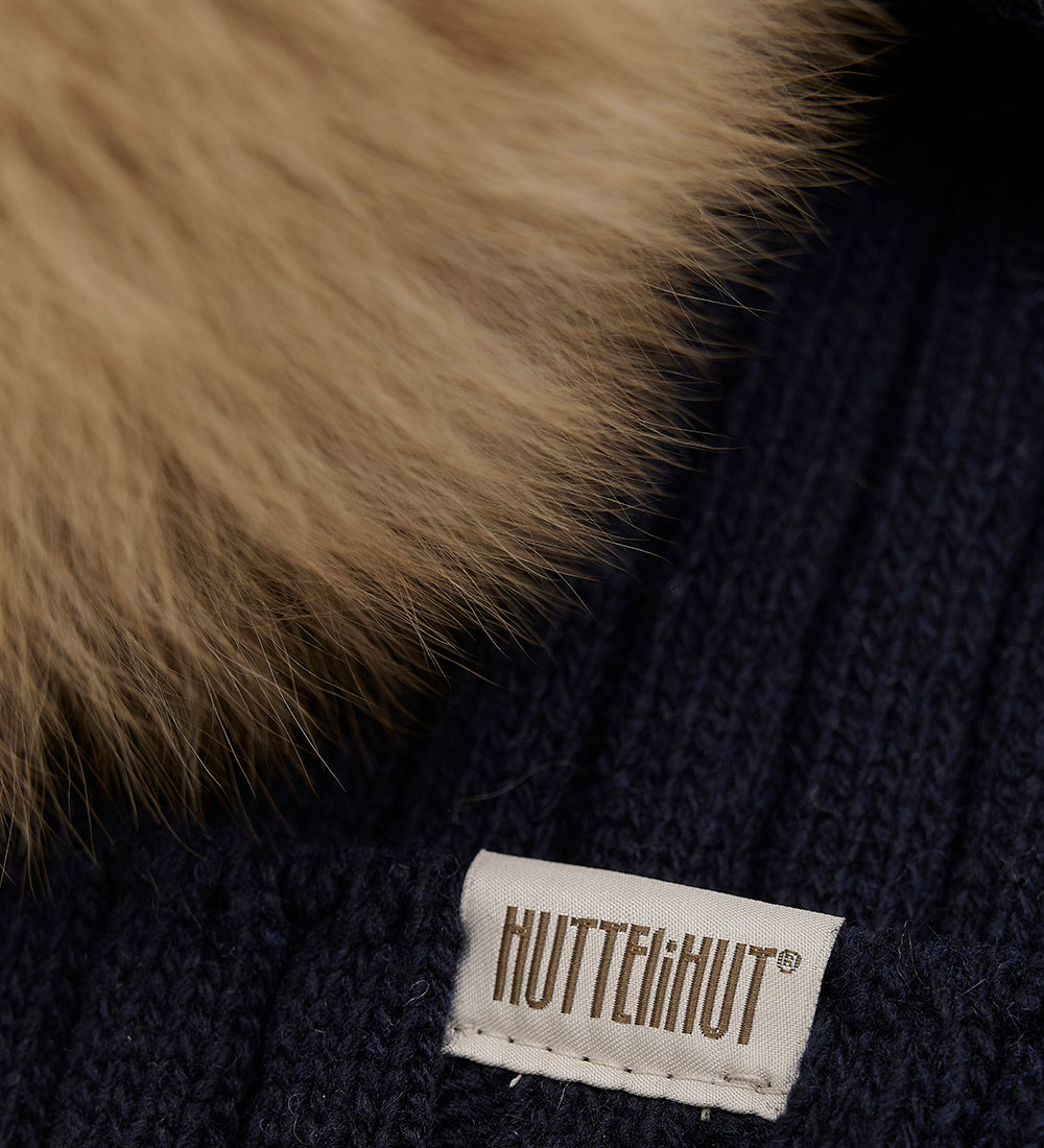 Huttelihut Beanie - Wool/Cotton - Knitted - Dark Navy w. Pom-Pom