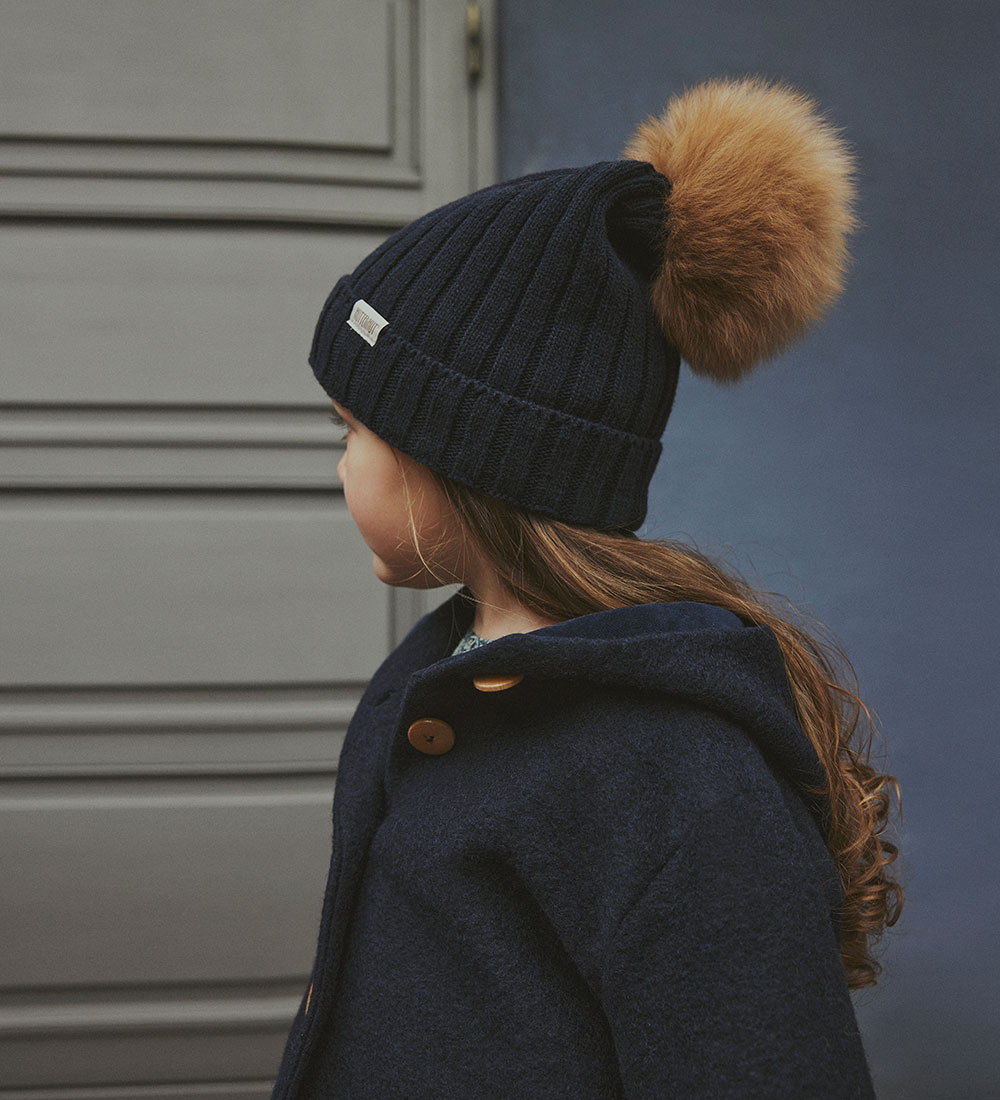 Huttelihut Beanie - Wool/Cotton - Knitted - Dark Navy w. Pom-Pom