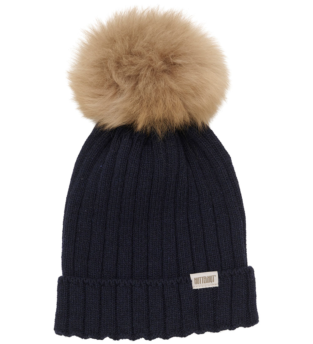 Huttelihut Beanie - Wool/Cotton - Knitted - Dark Navy w. Pom-Pom