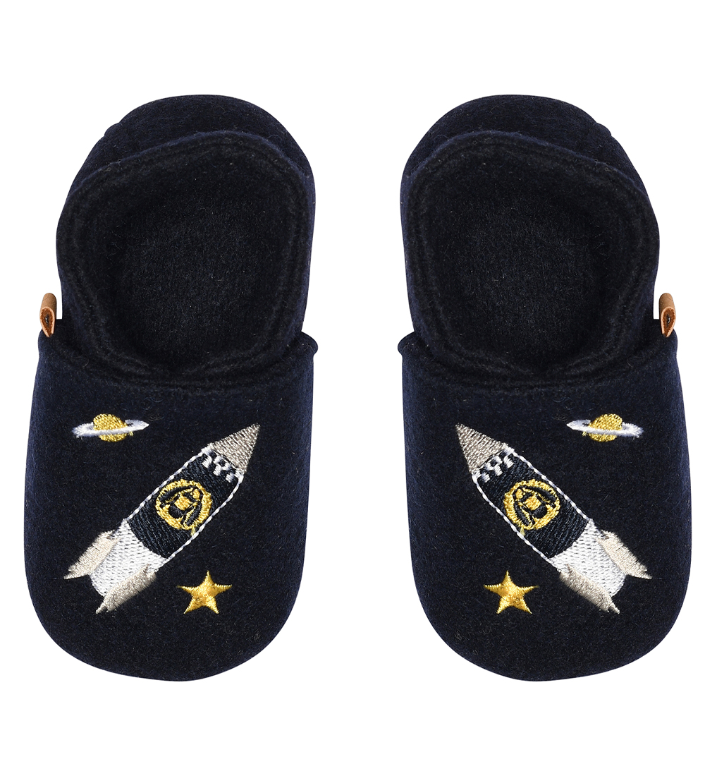Melton Slippers - Wool - Marine w. Spaceship