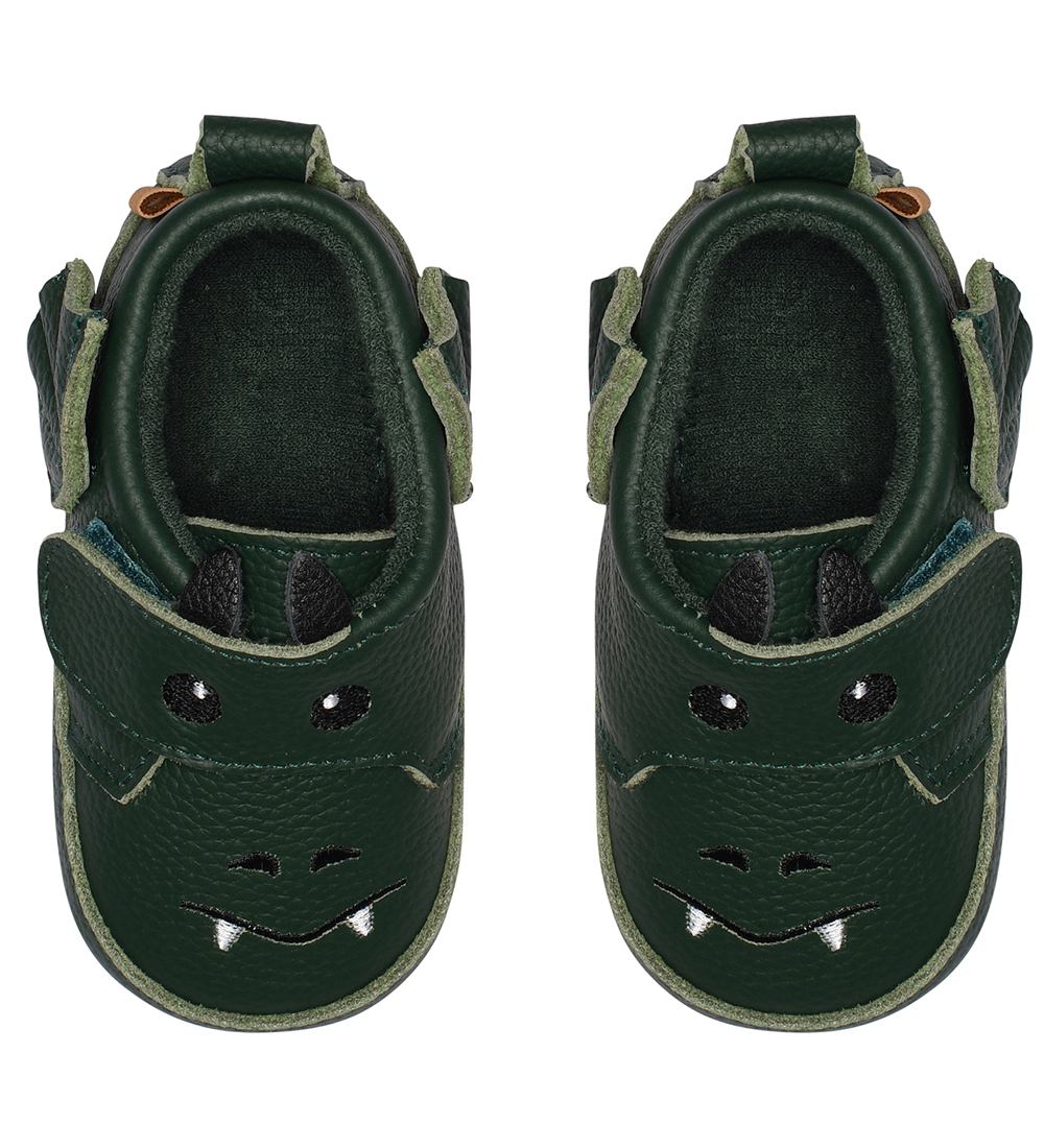 Melton Leder-Krabbelschuhe - Dark Green m. Drache