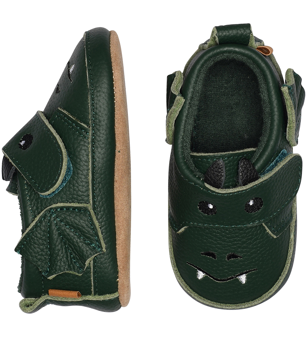 Melton Leder-Krabbelschuhe - Dark Green m. Drache