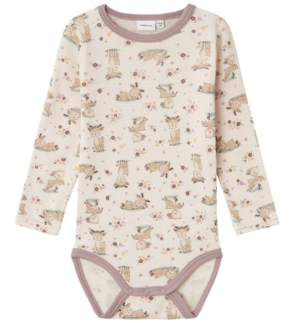 Name It Bodysuit L/æ - Wool - NmfWillit - Lilac Ash w. Deer