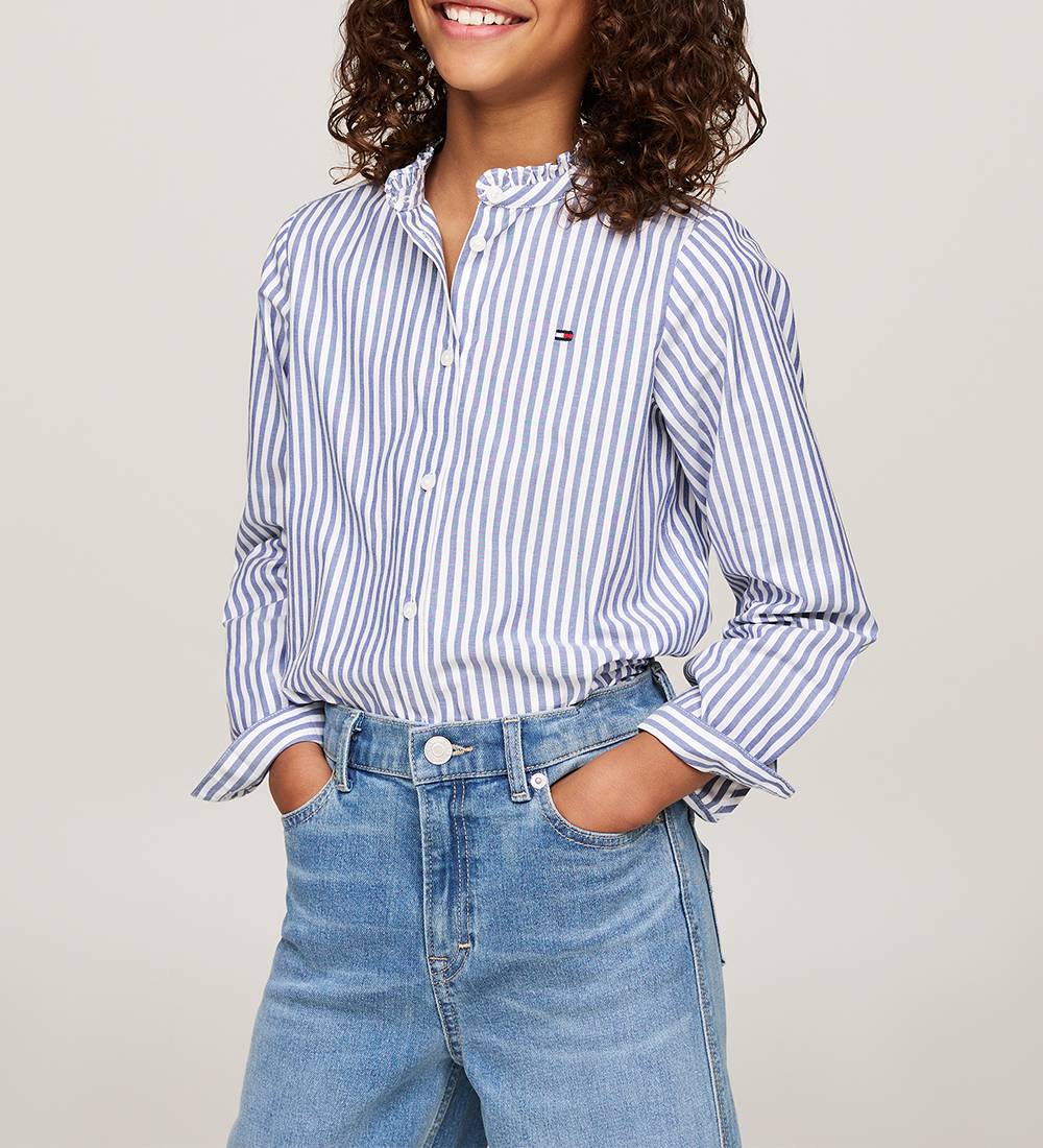 Tommy Hilfiger Blouse - Ruffle Collar - Mid Blue/Optic White