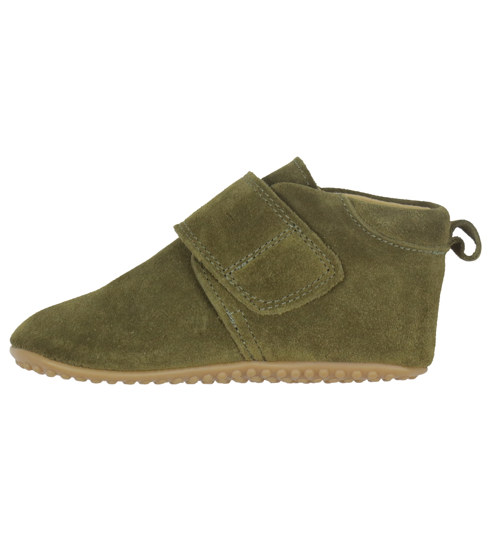 Pom Pom Leren Slippers - Beginners Klittenband - Kakhi