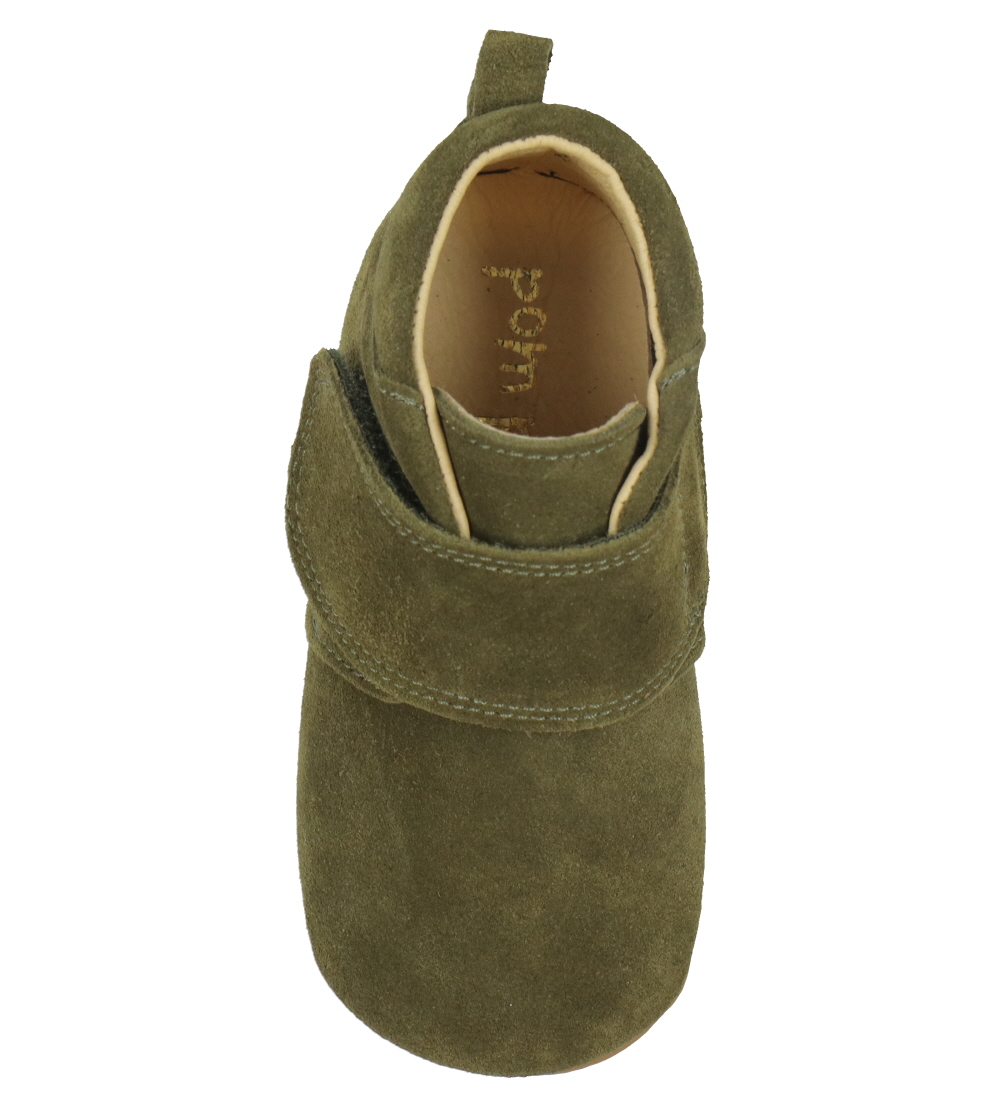Pom Pom Leren Slippers - Beginners Klittenband - Kakhi
