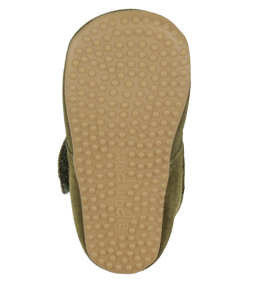 Pom Pom Leren Slippers - Beginners Klittenband - Kakhi