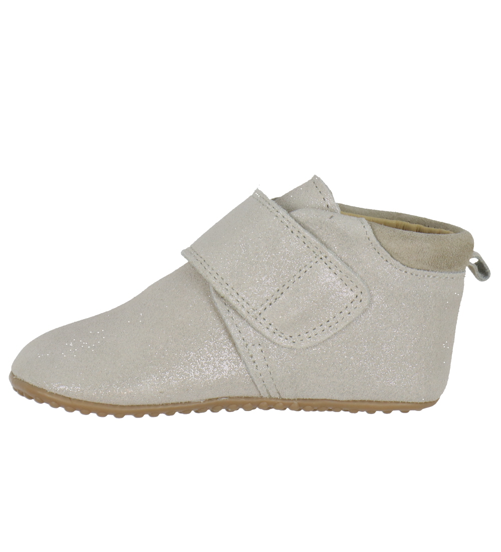 Pom Pom Soft Sole Leather Shoes - Beginners Velcro - Silver Glit