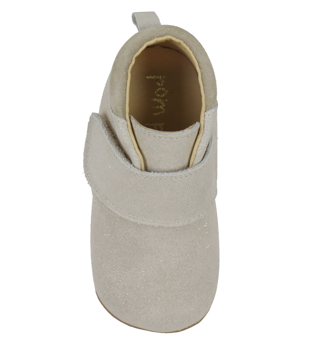 Pom Pom Soft Sole Leather Shoes - Beginners Velcro - Silver Glit