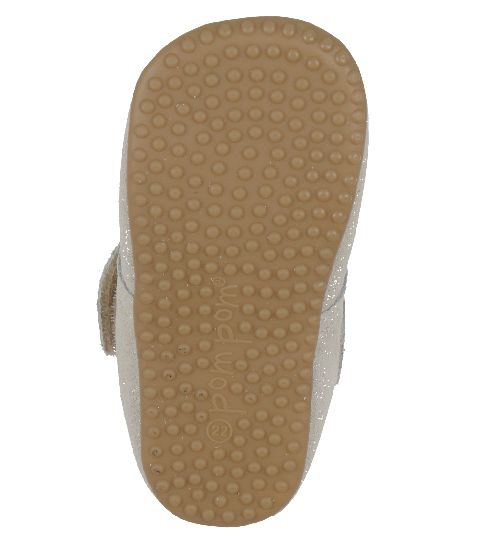 Pom Pom Soft Sole Leather Shoes - Beginners Velcro - Silver Glit